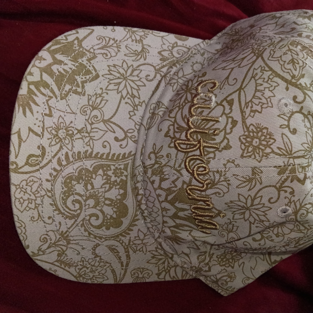 Embroidered Floral Script Baseball Cap in Gold on Cream